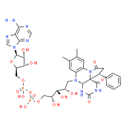 ChemSpider 2D Image | [(2R,3S,4R,5R)-5-(6-amino-9H-purin-9-yl)-3,4-dihydroxytetrahydrofuran-2-yl]methyl (2R,3S,4S)-5-[(3R,3as,7ar)-10,11-dimethyl-1,4,6-trioxo-3-phenyl-2,3,5,6,7,7a-hexahydro-1H-benzo[g]pyrrolo[2,1-E]pteridin-8(4H)-yl]-2,3,4-trihydroxypentyl dihydrogen dip | C36H43N9O16P2