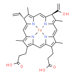 ChemSpider 2D Image | {3,3'-[(7R,12S)-12-(1-Hydroxyvinyl)-3,8,13,17-tetramethyl-7-vinyl-7,12,22,24-tetrahydroporphyrin-2,18-diyl-kappa~4~N~21~,N~22~,N~23~,N~24~]dipropanoato(4-)}iron | C34H34FeN4O5