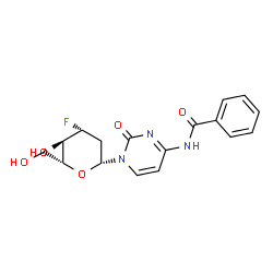 ChemSpider 2D Image | 4-(Benzoylamino)-1-(2,3-dideoxy-3-fluoro-beta-D-arabino-hexopyranosyl)-2(1H)-pyrimidinone | C17H18FN3O5
