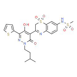 ChemSpider 2D Image | N-{3-[5-Hydroxy-2-(3-methylbutyl)-3-oxo-6-(2-thienyl)-2,3-dihydro-4-pyridazinyl]-1,1-dioxido-2H-1,4-benzothiazin-7-yl}methanesulfonamide | C22H24N4O6S3