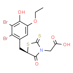 ChemSpider 2D Image | (5R)-5-[(2,3-Dibromo-5-ethoxy-4-hydroxyphenyl)methyl]-4-oxo-2-thioxo-3-thiazolidineacetic acid | C14H13Br2NO5S2