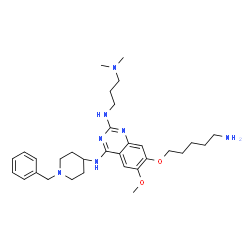 ChemSpider 2D Image | 7-[(5-Aminopentyl)oxy]-N~4~-(1-benzyl-4-piperidinyl)-N~2~-[3-(dimethylamino)propyl]-6-methoxy-2,4-quinazolinediamine | C31H47N7O2