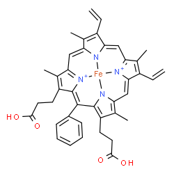 ChemSpider 2D Image | [3,3'-(3,7,12,17-Tetramethyl-20-phenyl-8,13-divinyl-2,18-porphyrindiyl-kappa~4~N~21~,N~22~,N~23~,N~24~)dipropanoato(2-)]iron(2+) | C40H36FeN4O4