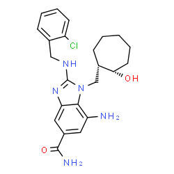 ChemSpider 2D Image | 7-Amino-2-[(2-chlorobenzyl)amino]-1-{[(1S,2S)-2-hydroxycycloheptyl]methyl}-1H-benzimidazole-5-carboxamide | C23H28ClN5O2