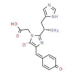ChemSpider 2D Image | 2-[(1S)-1-amino-2-(1H-imidazol-5-yl)ethyl]-3-(carboxymethyl)-5-[(4-oxocyclohexa-2,5-dien-1-ylidene)methyl]imidazol-4-olate | C17H16N5O4