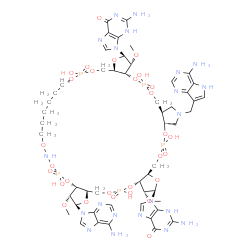 ChemSpider 2D Image | 9,9'-{(2R,3R,3aR,7aR,9R,10R,10aR,25aR,27R,28R,28aR,32aR,35aR,39aR)-9-(6-Amino-9H-purin-9-yl)-34-[(4-amino-5H-pyrrolo[3,2-d]pyrimidin-7-yl)methyl]-5,12,23,30,37-pentahydroxy-3,10,28-trimethoxy-5,12,23,
30,37-pentaoxidotetracosahydro-2H,7H,25H-trifuro[3,2-f:3',2'-l:3'',2''-x]pyrrolo[3,4-r][1,3,5,9,11,15,17,21,23,27,29,2,4,10,16,22,28]undecaoxazapentaphosphacyclopentatriacontine-2,27-diyl}bis(2-amino-
3,9-dihydro-6H-purin-6-one) | C51H72N21O29P5