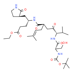 ChemSpider 2D Image | Ethyl (4R)-4-({(2R,5S)-6-methyl-2-(3-methyl-2-buten-1-yl)-5-[(N-{[(2-methyl-2-propanyl)oxy]carbonyl}-L-seryl)amino]-4-oxoheptanoyl}amino)-5-[(3R)-2-oxo-3-pyrrolidinyl]pentanoate | C32H54N4O9