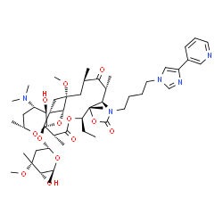ChemSpider 2D Image | (3as,4R,7R,8S,9S,10R,11R,13R,15R,15ar)-4-ethyl-11-methoxy-3a,7,9,11,13,15-hexamethyl-2,6,14-trioxo-1-[4-(4-pyridin-3-yl-1H-imidazol-1-yl)butyl]-10-{[3,4,6-trideoxy-3-(dimethylamino)-beta-D-xylo-hexopyranosyl]oxy}tetradecahydro-2H-oxacyclotetradecino[ | C51H81N5O13