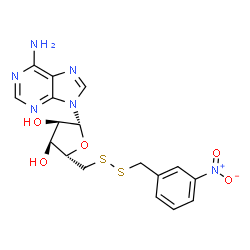 ChemSpider 2D Image | (2R,3R,4S,5S)-2-(6-Amino-9H-purin-9-yl)-5-{[(3-nitrobenzyl)disulfanyl]methyl}tetrahydro-3,4-furandiol | C17H18N6O5S2