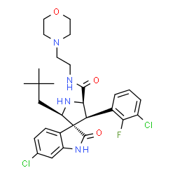 ChemSpider 2D Image | (2'R,3R,4'R,5'R)-6-chloro-4'-(3-chloro-2-fluorophenyl)-2'-(2,2-dimethylpropyl)-N-(2-morpholin-4-ylethyl)-2-oxo-1,2-dihydrospiro[indole-3,3'-pyrrolidine]-5'-carboxamide | C29H35Cl2FN4O3