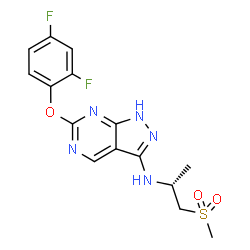 ChemSpider 2D Image | 6-(2,4-Difluorophenoxy)-N-[(2R)-1-(methylsulfonyl)-2-propanyl]-1H-pyrazolo[3,4-d]pyrimidin-3-amine | C15H15F2N5O3S