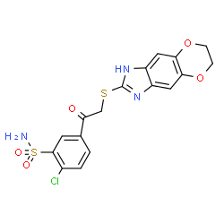 ChemSpider 2D Image | 2-Chloro-5-[(6,7-dihydro-1H-[1,4]dioxino[2,3-f]benzimidazol-2-ylsulfanyl)acetyl]benzenesulfonamide | C17H14ClN3O5S2
