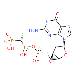 ChemSpider 2D Image | 5'-O-[(R)-{[(S)-[(S)-Chloro(phosphono)methyl](hydroxy)phosphoryl]oxy}(hydroxy)phosphoryl]-2'-deoxyguanosine | C11H17ClN5O12P3