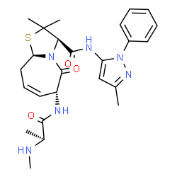 ChemSpider 2D Image | (3R,6R,9aR)-2,2-Dimethyl-6-[(N-methyl-L-alanyl)amino]-N-(3-methyl-1-phenyl-1H-pyrazol-5-yl)-5-oxo-2,3,5,6,9,9a-hexahydro[1,3]thiazolo[3,2-a]azepine-3-carboxamide | C25H32N6O3S