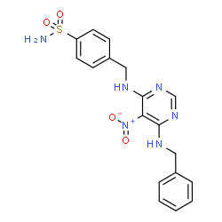 ChemSpider 2D Image | 4-({[6-(Benzylamino)-5-nitro-4-pyrimidinyl]amino}methyl)benzenesulfonamide | C18H18N6O4S