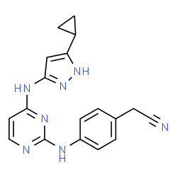 ChemSpider 2D Image | [4-({4-[(5-Cyclopropyl-1H-pyrazol-3-yl)amino]-2-pyrimidinyl}amino)phenyl]acetonitrile | C18H17N7