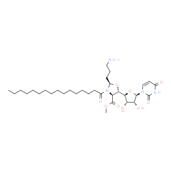 ChemSpider 2D Image | Methyl (2R,4S,5S)-2-(3-aminopropyl)-5-[(2S,3S,4R,5R)-5-(2,4-dioxo-3,4-dihydro-1(2H)-pyrimidinyl)-3,4-dihydroxytetrahydro-2-furanyl]-3-palmitoyl-1,3-oxazolidine-4-carboxylate | C32H54N4O9