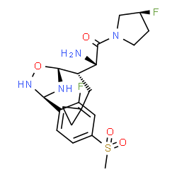 ChemSpider 2D Image | (2S,3S)-2-Amino-4-cyclopropyl-3-{(3R,5R)-3-[2-fluoro-4-(methylsulfonyl)phenyl]-1,2,4-oxadiazolidin-5-yl}-1-[(3S)-3-fluoro-1-pyrrolidinyl]-1-butanone | C20H28F2N4O4S