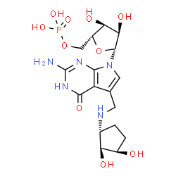ChemSpider 2D Image | 2-Amino-5-({[(1R,2S,3R)-2,3-dihydroxycyclopentyl]amino}methyl)-7-(5-O-phosphono-beta-D-ribofuranosyl)-3,7-dihydro-4H-pyrrolo[2,3-d]pyrimidin-4-one | C17H26N5O10P