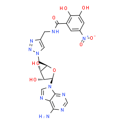 ChemSpider 2D Image | 5'-Deoxy-5'-(4-{[(2,3-dihydroxy-5-nitrobenzoyl)amino]methyl}-1H-1,2,3-triazol-1-yl)adenosine | C20H20N10O8