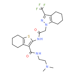 ChemSpider 2D Image | N-[2-(Dimethylamino)ethyl]-2-({[3-(trifluoromethyl)-4,5,6,7-tetrahydro-1H-indazol-1-yl]acetyl}amino)-4,5,6,7-tetrahydro-1-benzothiophene-3-carboxamide | C23H30F3N5O2S