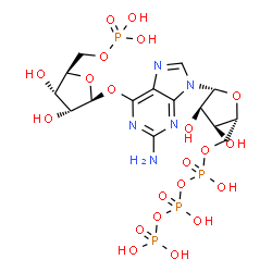 ChemSpider 2D Image | 2-Amino-9-[5-O-(hydroxy{[hydroxy(phosphonooxy)phosphoryl]oxy}phosphoryl)-beta-D-ribofuranosyl]-9H-purin-6-yl 5-O-phosphono-beta-D-ribofuranoside | C15H25N5O21P4