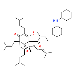 ChemSpider 2D Image | (1R,5S,6R,7S)-4-Hydroxy-6-methyl-5-(2-methylbutanoyl)-1,3,7-tris(3-methyl-2-buten-1-yl)-6-(4-methyl-3-penten-1-yl)bicyclo[3.3.1]non-3-ene-2,9-dione - N-cyclohexylcyclohexanamine (1:1) | C48H77NO4