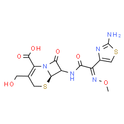ChemSpider 2D Image | (6R)-7-{[(2E)-2-(2-Amino-1,3-thiazol-4-yl)-2-(methoxyimino)acetyl]amino}-3-(hydroxymethyl)-8-oxo-5-thia-1-azabicyclo[4.2.0]oct-2-ene-2-carboxylic acid | C14H15N5O6S2