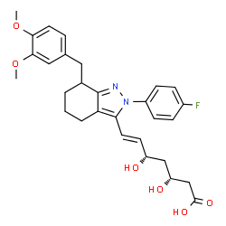ChemSpider 2D Image | (3R,5S,6E)-7-[7-(3,4-Dimethoxybenzyl)-2-(4-fluorophenyl)-4,5,6,7-tetrahydro-2H-indazol-3-yl]-3,5-dihydroxy-6-heptenoic acid | C29H33FN2O6