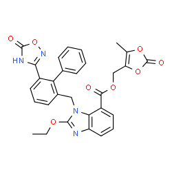 ChemSpider 2D Image | (5-Methyl-2-oxo-1,3-dioxol-4-yl)methyl 2-ethoxy-1-{[6-(5-oxo-2,5-dihydro-1,2,4-oxadiazol-3-yl)-2-biphenylyl]methyl}-1H-benzimidazole-7-carboxylate | C30H24N4O8