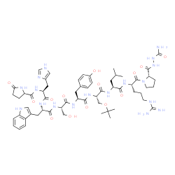 ChemSpider 2D Image | 5-Oxoprolyl-L-histidyl-N-[(1S,4S,7S,10S,13S)-18-amino-13-({(2S)-2-[(2-carbamoylhydrazino)carbonyl]-1-pyrrolidinyl}carbonyl)-4-(4-hydroxybenzyl)-1-(hydroxymethyl)-18-imino-10-isobutyl-7-{[(2-methyl-2-p
ropanyl)oxy]methyl}-2,5,8,11-tetraoxo-3,6,9,12,17-pentaazaoctadec-1-yl]-L-tryptophanamide | C59H84N18O14