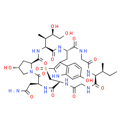 ChemSpider 2D Image | 2-[(1R,4S,8R,10S,13S,16S,34S)-34-[(2S)-2-Butanyl]-13-[(2R,3R)-3,4-dihydroxy-2-butanyl]-8,22-dihydroxy-27-oxido-2,5,11,14,30,33,36,39-octaoxo-27-thia-3,6,12,15,25,29,32,35,38-nonaazapentacyclo[14.12.11
.0~6,10~.0~18,26~.0~19,24~]nonatriaconta-18(26),19,21,23-tetraen-4-yl]acetamide | C39H54N10O14S