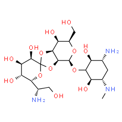 ChemSpider 2D Image | (3'R,3aS,4S,4'R,5'R,6R,6'R,7S,7aS)-4-{[(2S,3R,5S,6R)-3-Amino-2,6-dihydroxy-5-(methylamino)cyclohexyl]oxy}-6'-[(1S)-1-amino-2-hydroxyethyl]-6-(hydroxymethyl)octahydro-4H-spiro[1,3-dioxolo[4,5-c]pyran-2
,2'-pyran]-3',4',5',7-tetrol | C20H37N3O13