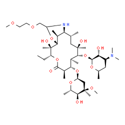 ChemSpider 2D Image | (1R,2R,3R,6R,7S,8S,9R,10R,12R,13S,17S)-3-Ethyl-2,10-dihydroxy-15-[(2-methoxyethoxy)methyl]-2,6,8,10,12,17-hexamethyl-5-oxo-9-{[3,4,6-trideoxy-3-(dimethylamino)-beta-D-glycero-hexopyranosyl]oxy}-4,16-d
ioxa-14-azabicyclo[11.3.1]heptadec-7-yl 2,6-dideoxy-3-C-methyl-3-O-methyl-alpha-L-erythro-hexopyranoside | C42H78N2O14