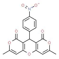 ChemSpider 2D Image | 3,7-Dimethyl-10-(4-nitrophenyl)-1H,9H,10H-dipyrano[4,3-b:3',4'-e]pyran-1,9-dione | C19H13NO7