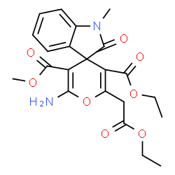 ChemSpider 2D Image | 5'-Ethyl 3'-methyl 2'-amino-6'-(2-ethoxy-2-oxoethyl)-1-methyl-2-oxo-1,2-dihydrospiro[indole-3,4'-pyran]-3',5'-dicarboxylate | C22H24N2O8