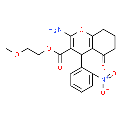 ChemSpider 2D Image | 2-Methoxyethyl 2-amino-4-(2-nitrophenyl)-5-oxo-5,6,7,8-tetrahydro-4H-chromene-3-carboxylate | C19H20N2O7