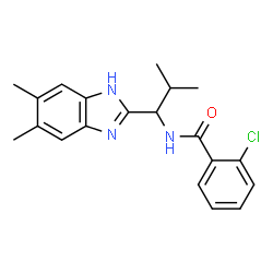 ChemSpider 2D Image | 2-Chloro-N-[1-(5,6-dimethyl-1H-benzimidazol-2-yl)-2-methylpropyl]benzamide | C20H22ClN3O