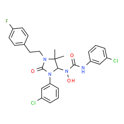 ChemSpider 2D Image | 3-(3-Chlorophenyl)-1-{3-(3-chlorophenyl)-1-[2-(4-fluorophenyl)ethyl]-5,5-dimethyl-2-oxo-4-imidazolidinyl}-1-hydroxyurea | C26H25Cl2FN4O3