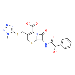 ChemSpider 2D Image | 7-{[Hydroxy(phenyl)acetyl]amino}-3-{[(1-methyl-1H-tetrazol-5-yl)sulfanyl]methyl}-8-oxo-5-thia-1-azabicyclo[4.2.0]oct-2-ene-2-carboxylate | C18H17N6O5S2