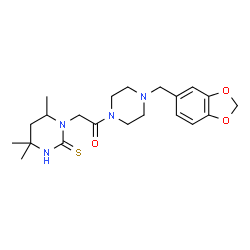 ChemSpider 2D Image | 1-[4-(1,3-Benzodioxol-5-ylmethyl)-1-piperazinyl]-2-(4,4,6-trimethyl-2-thioxotetrahydro-1(2H)-pyrimidinyl)ethanone | C21H30N4O3S