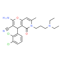ChemSpider 2D Image | 2-Amino-4-(2,3-dichlorophenyl)-6-[3-(diethylamino)propyl]-7-methyl-5-oxo-5,6-dihydro-4H-pyrano[3,2-c]pyridine-3-carbonitrile | C23H26Cl2N4O2