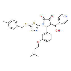 ChemSpider 2D Image | 4-[Hydroxy(4-pyridinyl)methylene]-1-{5-[(4-methylbenzyl)sulfanyl]-1,3,4-thiadiazol-2-yl}-5-[3-(3-methylbutoxy)phenyl]-2,3-pyrrolidinedione | C31H30N4O4S2