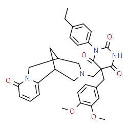 ChemSpider 2D Image | 5-(3,4-Dimethoxybenzyl)-1-(4-ethylphenyl)-5-[(6-oxo-7,11-diazatricyclo[7.3.1.0~2,7~]trideca-2,4-dien-11-yl)methyl]-2,4,6(1H,3H,5H)-pyrimidinetrione | C33H36N4O6