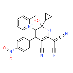 ChemSpider 2D Image | {2-Cyano-2-[3-cyano-6-cyclopropyl-6-hydroxy-5-(2-methyl-1-pyridiniumyl)-4-(4-nitrophenyl)-1,4,5,6-tetrahydro-2-pyridinyl]ethenylidene}azanide | C24H20N6O3