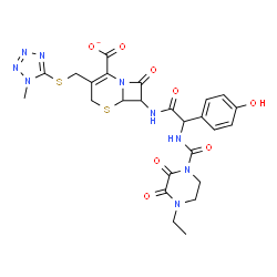 ChemSpider 2D Image | 7-{[{[(4-Ethyl-2,3-dioxo-1-piperazinyl)carbonyl]amino}(4-hydroxyphenyl)acetyl]amino}-3-{[(1-methyl-1H-tetrazol-5-yl)sulfanyl]methyl}-8-oxo-5-thia-1-azabicyclo[4.2.0]oct-2-ene-2-carboxylate | C25H26N9O8S2