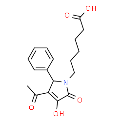 ChemSpider 2D Image | 6-(3-Acetyl-4-hydroxy-5-oxo-2-phenyl-2,5-dihydro-1H-pyrrol-1-yl)hexanoic acid | C18H21NO5