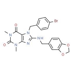 ChemSpider 2D Image | 8-[(1,3-Benzodioxol-5-ylmethyl)amino]-7-(4-bromobenzyl)-1,3-dimethyl-3,7-dihydro-1H-purine-2,6-dione | C22H20BrN5O4
