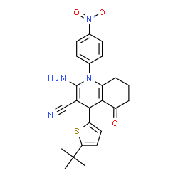 ChemSpider 2D Image | 2-Amino-4-(5-tert-butyl-2-thienyl)-1-(4-nitrophenyl)-5-oxo-1,4,5,6,7,8-hexahydroquinoline-3-carbonitrile | C24H24N4O3S