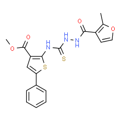 ChemSpider 2D Image | Methyl 2-({[2-(2-methyl-3-furoyl)hydrazino]carbothioyl}amino)-5-phenylthiophene-3-carboxylate | C19H17N3O4S2